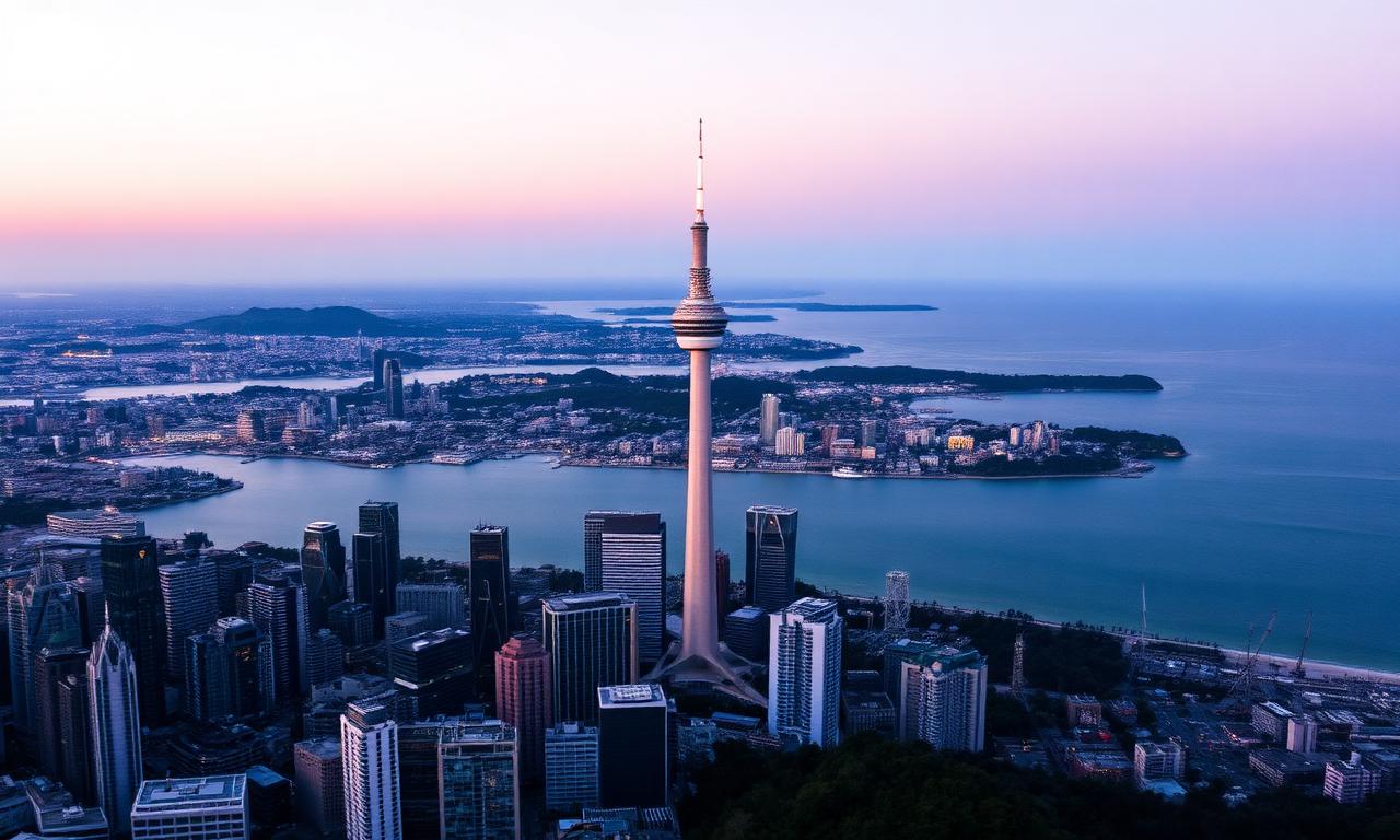 Twilight aerial view of an Asia-Pacific harbour city skyline representing the New Zealand and APAC online casino market in 2026